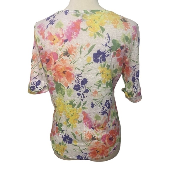Lauren Ralph Lauren Linen Scoop Neck Multi-Colored Short  Sleeve Floral Top PM - Picture 4 of 5